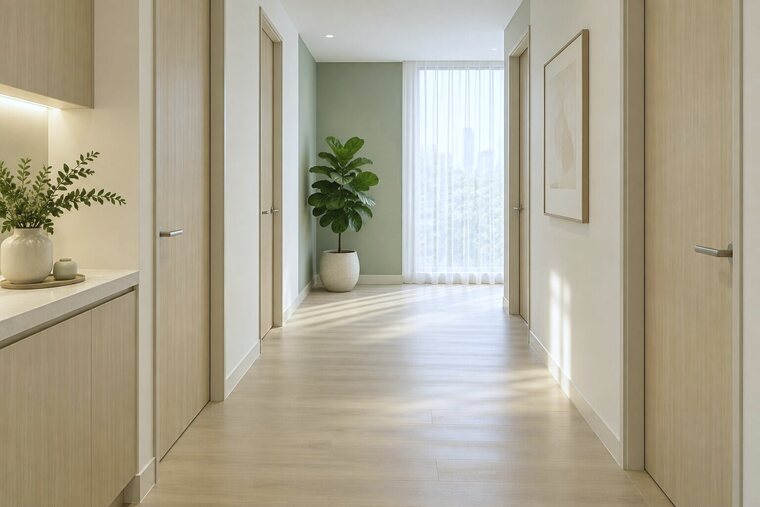 A quiet clinic corridor with pale oak doors