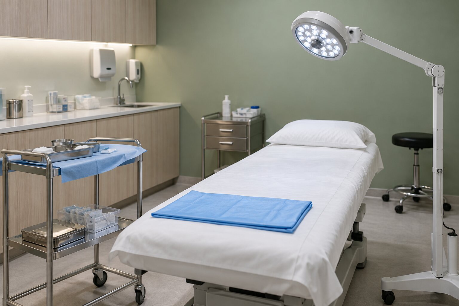 A minor-procedure room with a sterile drape, instrument trolley and procedure lamp
