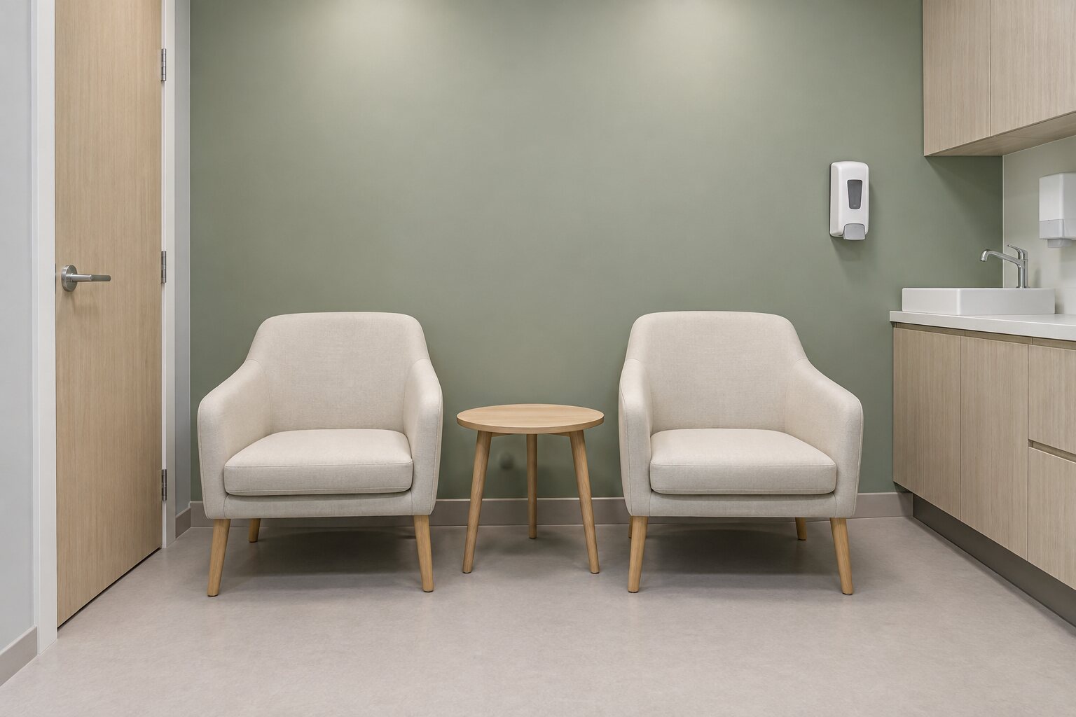 A small clinic waiting area with two cream armchairs